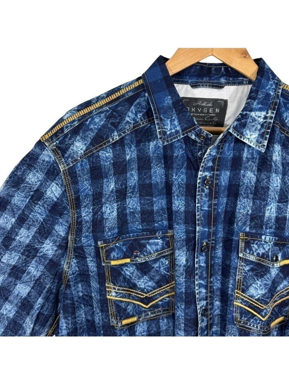 Oxygen Faux Denim Plaid Western Shirt Mens XXL Blue Rodeo Y2K Flashy Acid Wash